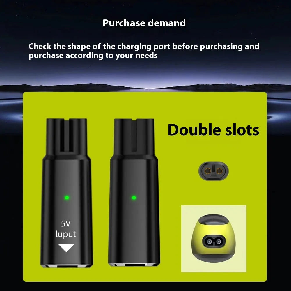 USB C to 4.3V aluminium alloy charging adapter for electric shaver on black or grey background