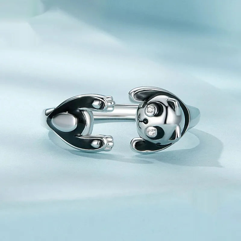 Adjustable sterling silver panda open ring with white gold plating showing animal zodiac design