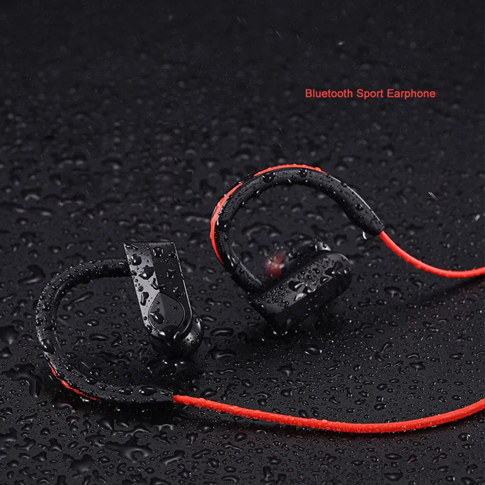 Wireless neckband Bluetooth earphones in black, blue, or red colours showing earbuds and neck mount.