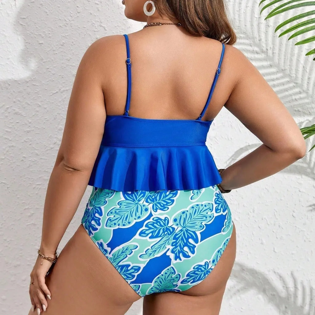 Blue polyester bikini swimwear set with separate top and shorts in European and American sizes
