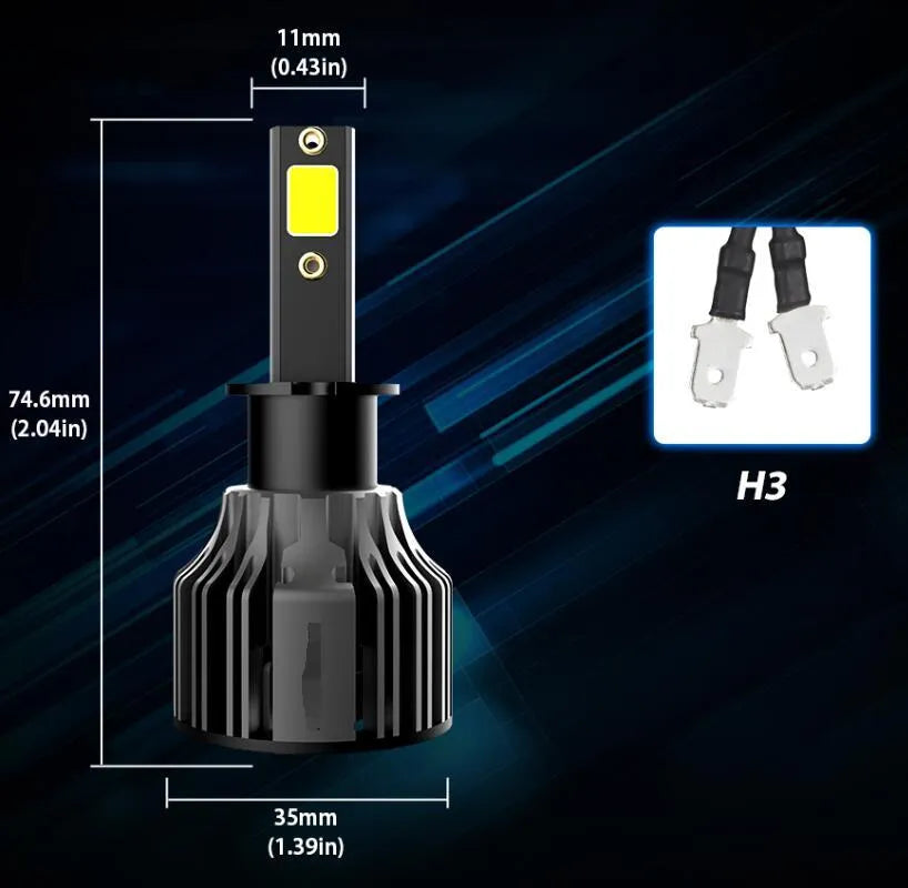 Car LED headlight bulb kit showing 6000K white light, 72W power rating, and compatible model numbers like H7 and 9005.