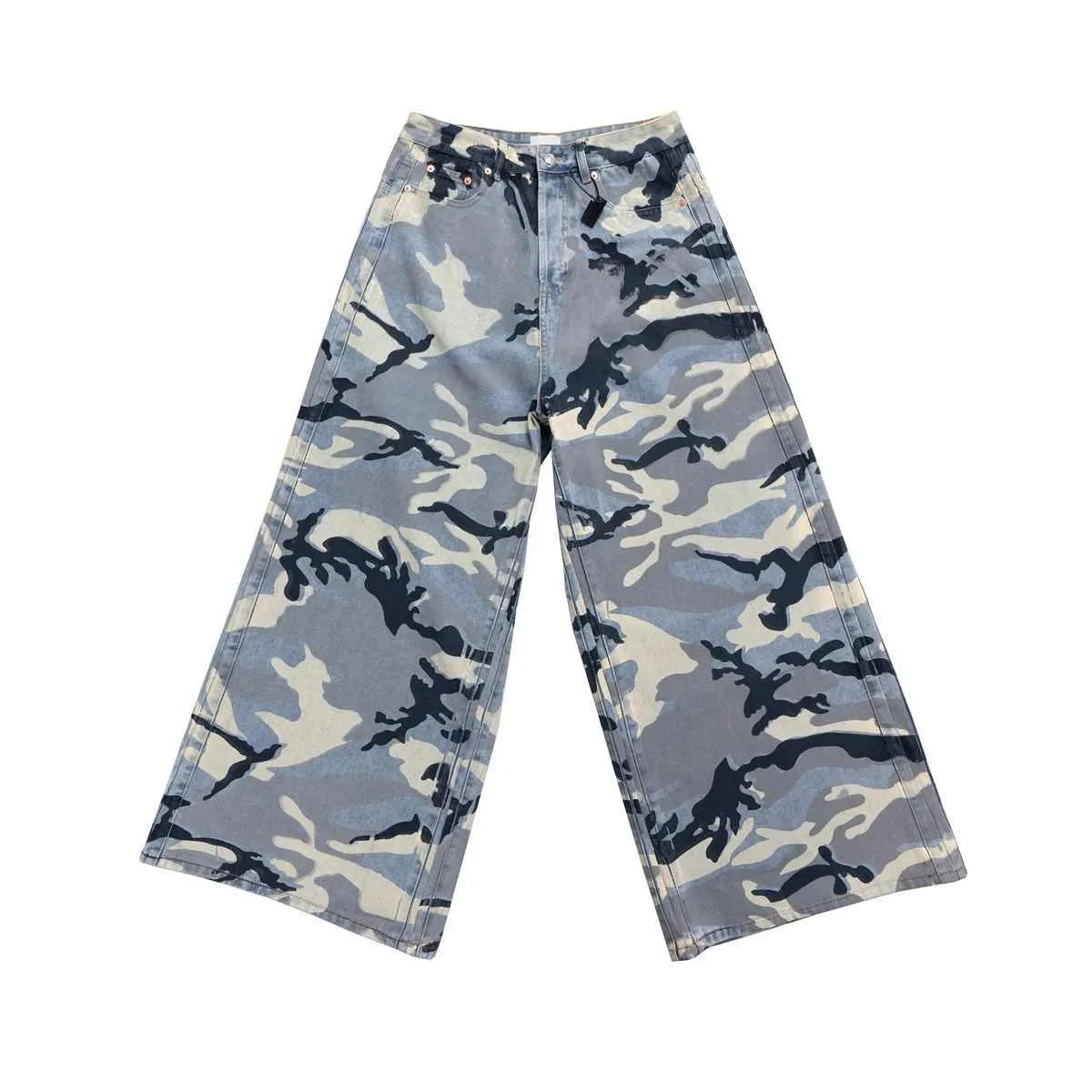 Snow camouflage blue jeans with loose fit and micro-elastic denim fabric