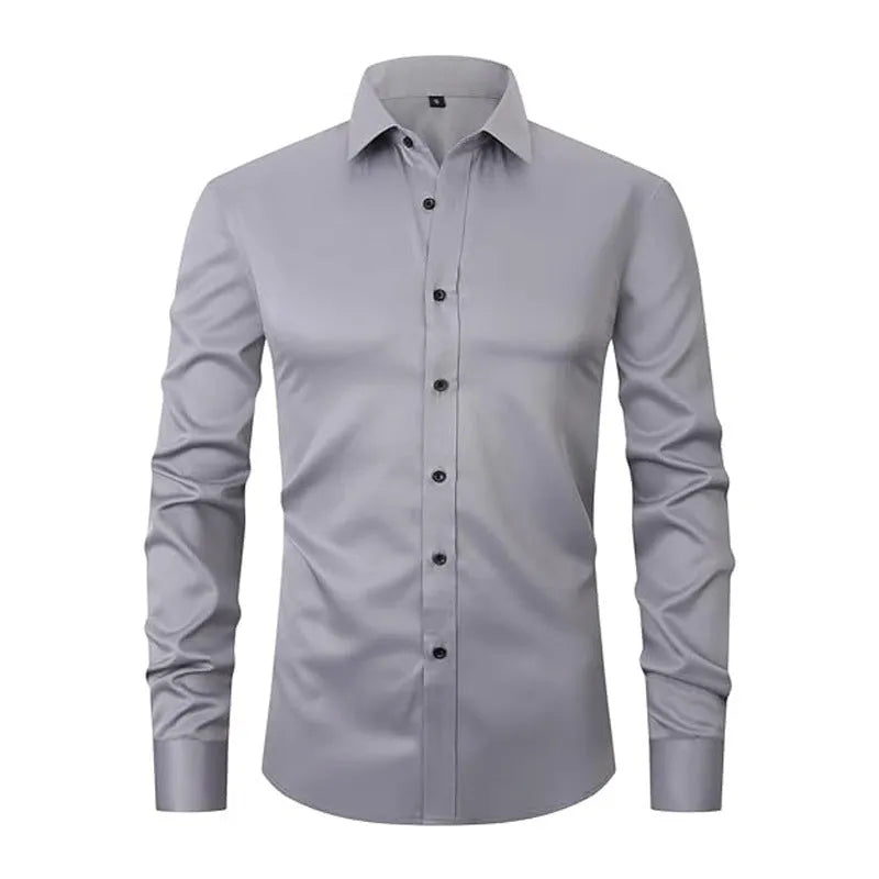 Men's stretch long sleeve work shirt in polyester fabric on a hanger