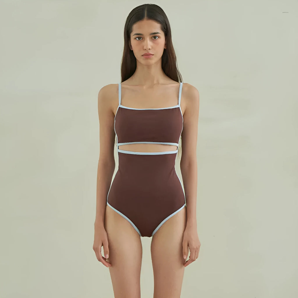 Brown women's one-piece swimsuit with triangle top design and sexy pattern