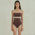 Brown women's one-piece swimsuit with triangle top design and sexy pattern