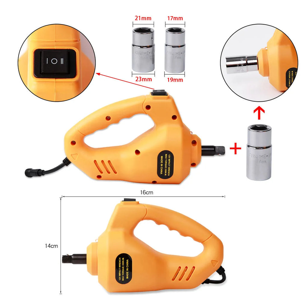 Yellow car electric jack set with electric wrench for vehicle tyre changes