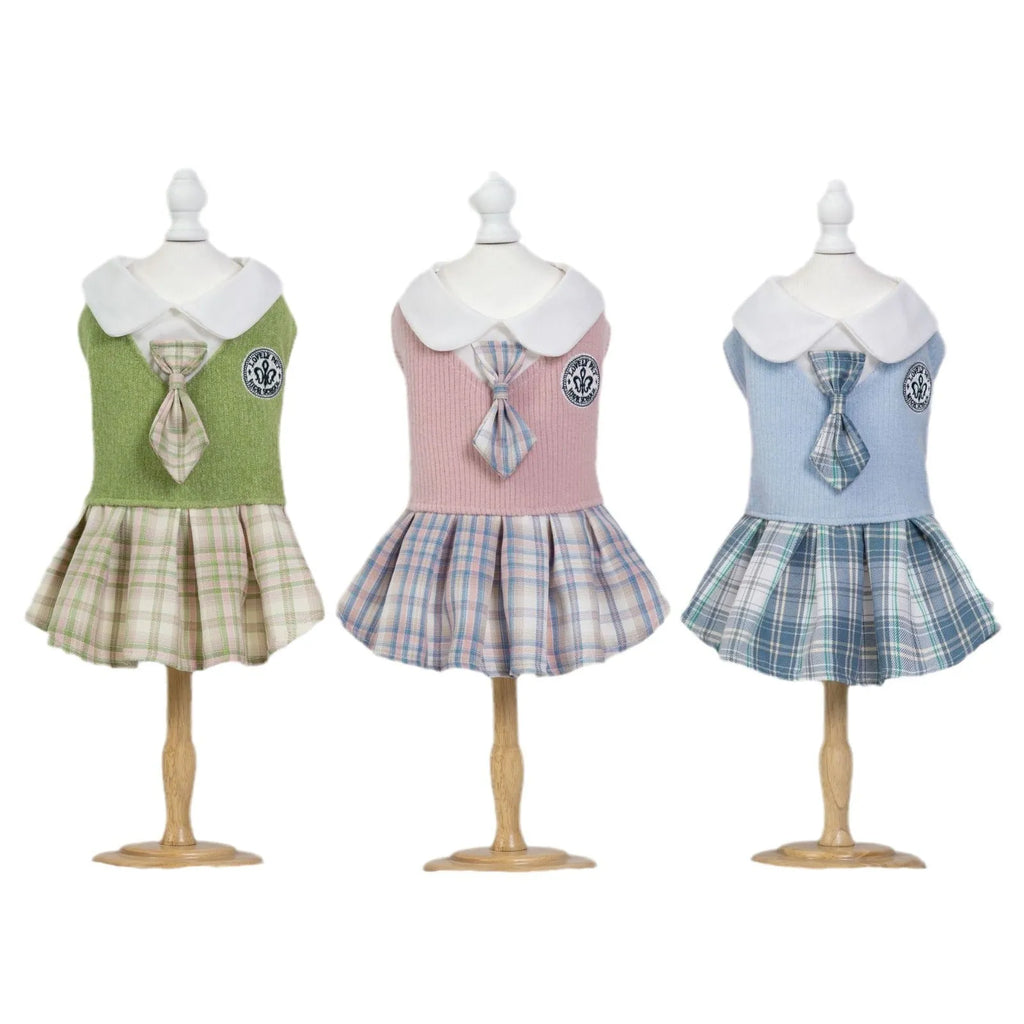 Polyester tartan skirt for pet dog or cat in princess style with pink, blue, green colour options