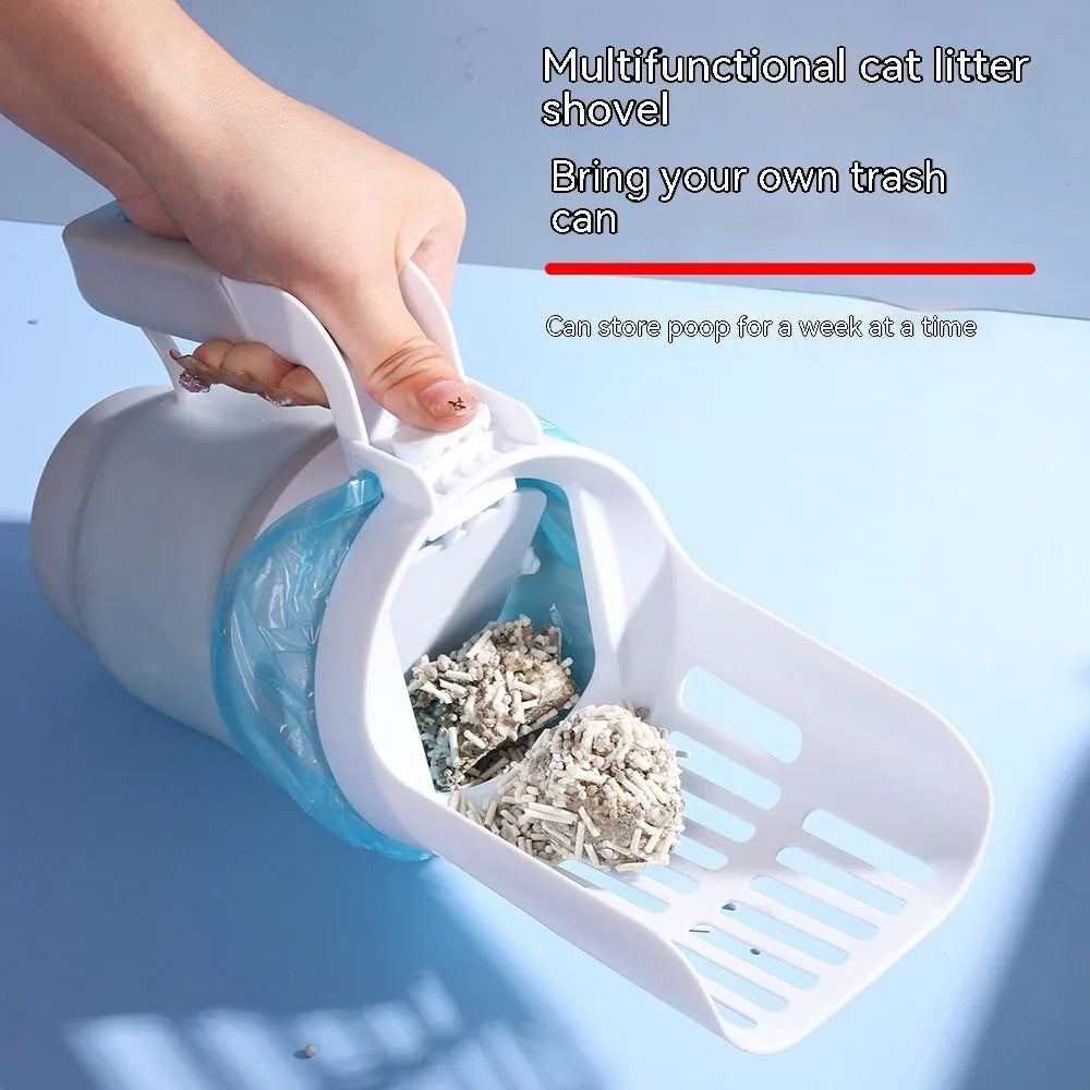 Foldable cat litter scoop with attached waste bin and lid in grey blue or green PP plastic