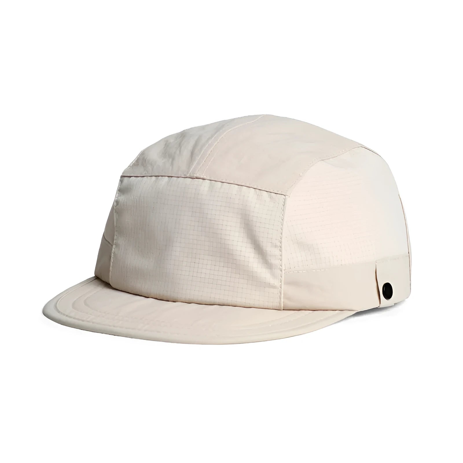 A dome crown bucket hat in army green polyester fabric, shown from the side.