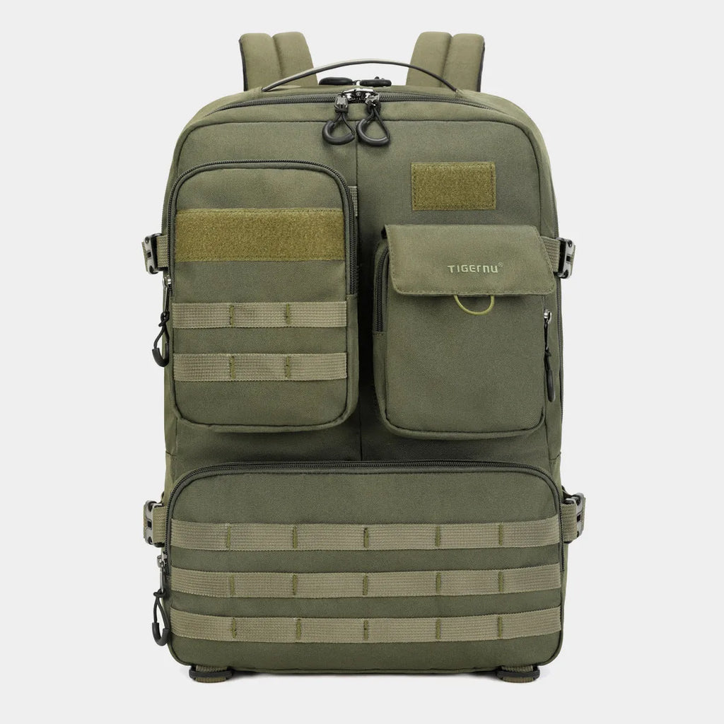 Army Green tactical nylon backpack with 17-inch laptop compartment and 20-35L capacity.