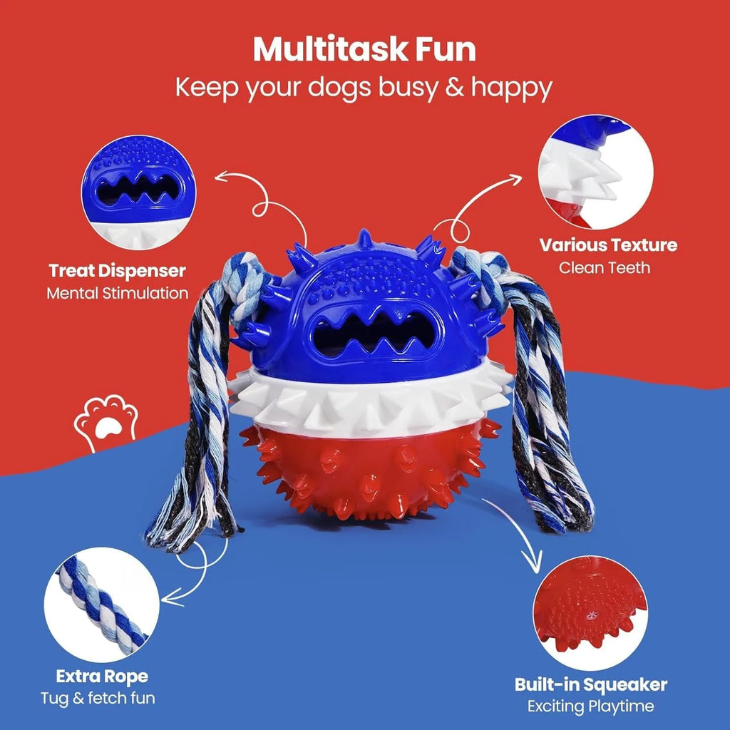 Blue and red tough TPR rubber dog chew toy with squeaker and treat dispenser hole.