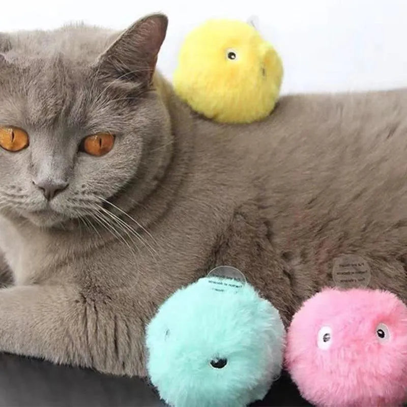 Interactive cat toy ball in blue, pink or yellow colours with 55mm diameter for touch-activated animal sounds