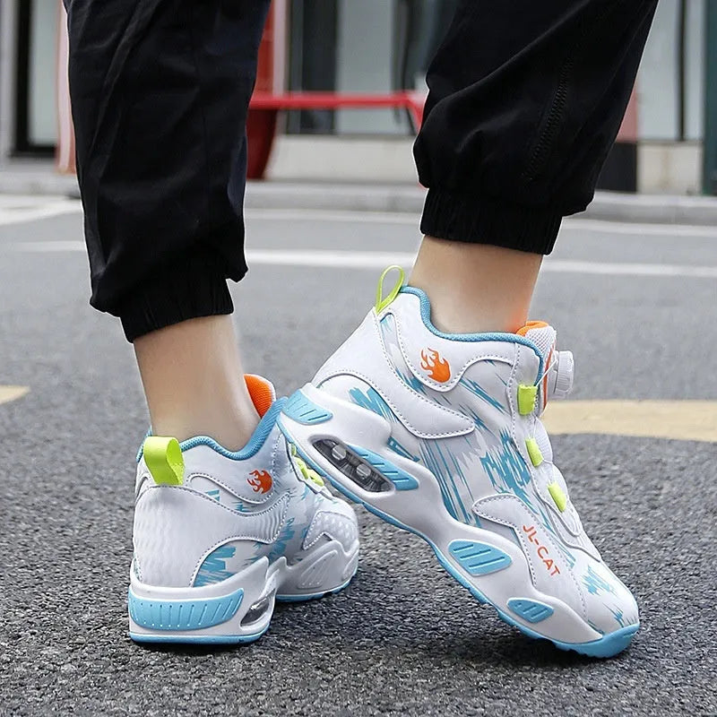 Children's basketball shoes with rotating button fastening in multiple colours, showing synthetic leather upper and PU sole