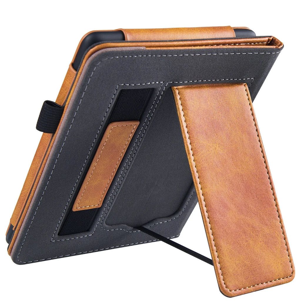 Brown calfskin leather case with wrist strap for Kindle Paperwhite 11 e-reader.