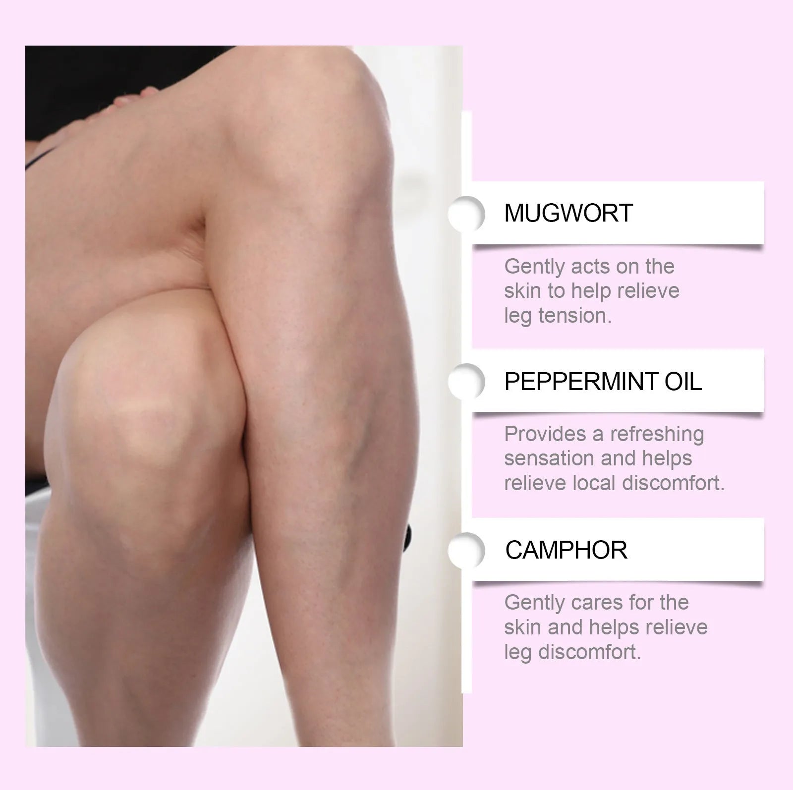 Pack of 12 white leg care patches with plant ingredients for massage.