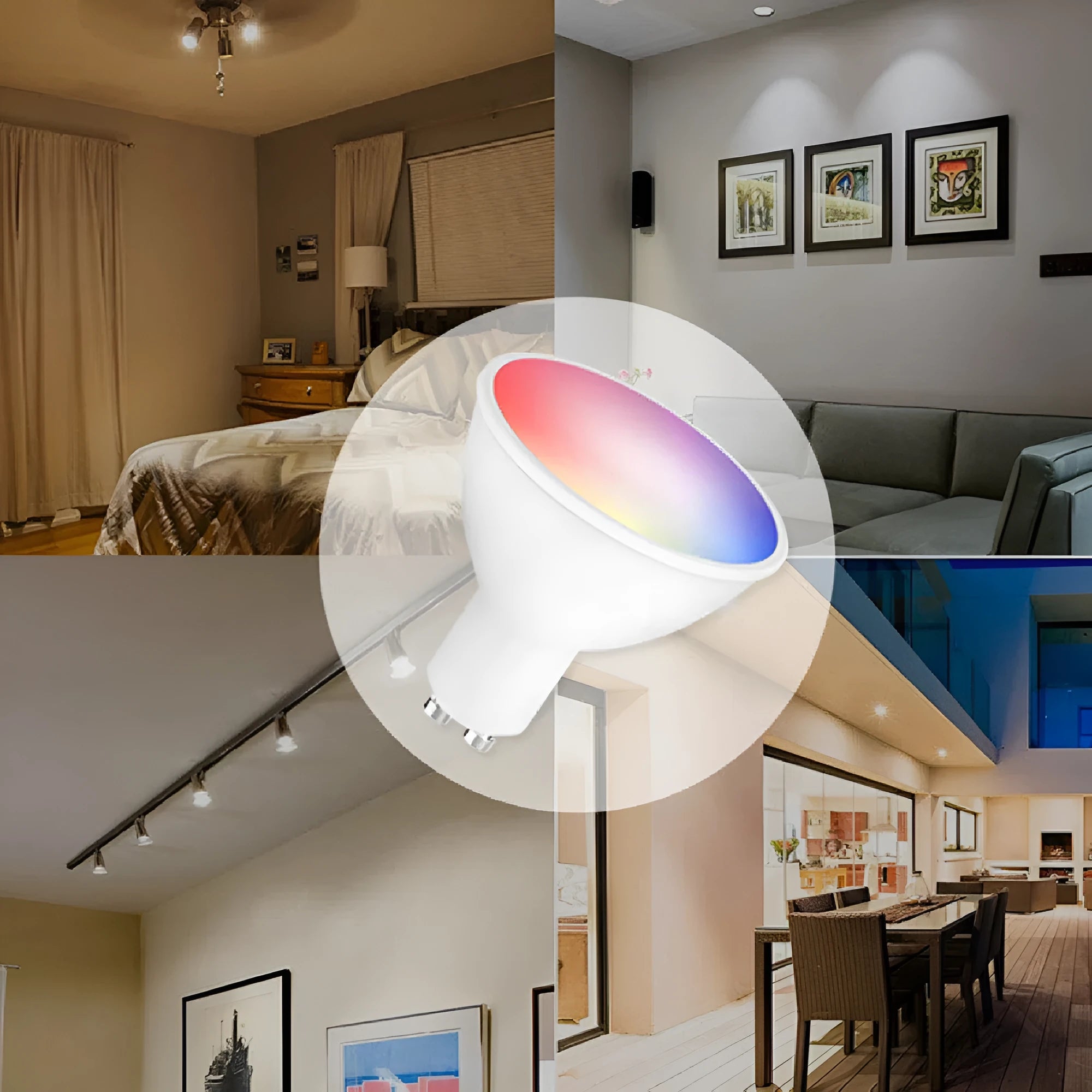 Smart GU10 LED spotlight bulb with RGBCCT colour adjustment and wifi connectivity for voice control