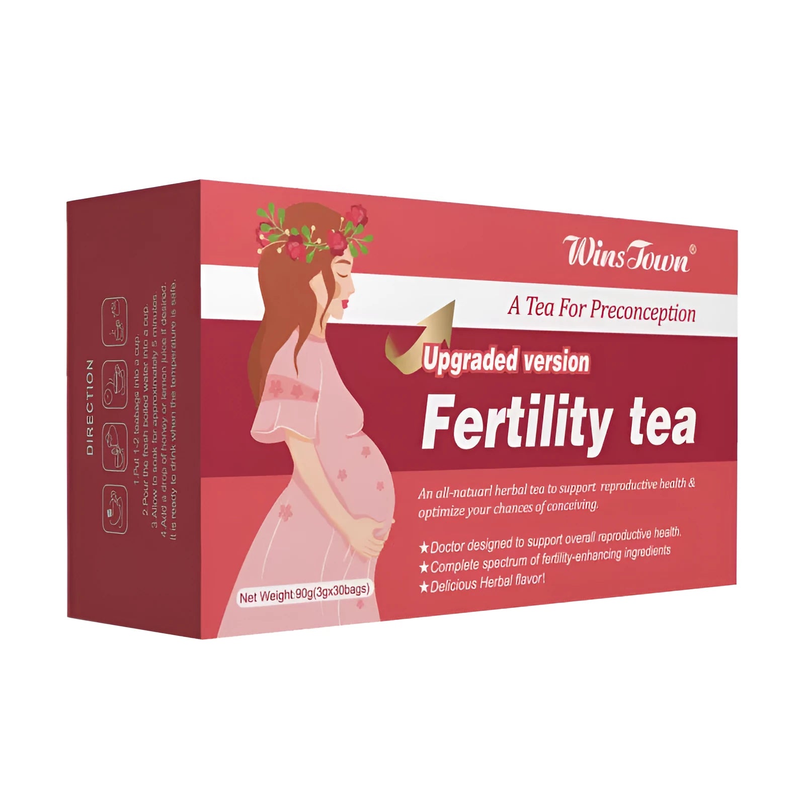 Fertility tea box containing 3 sets of 30 herbal tea bags for women's reproductive wellness support