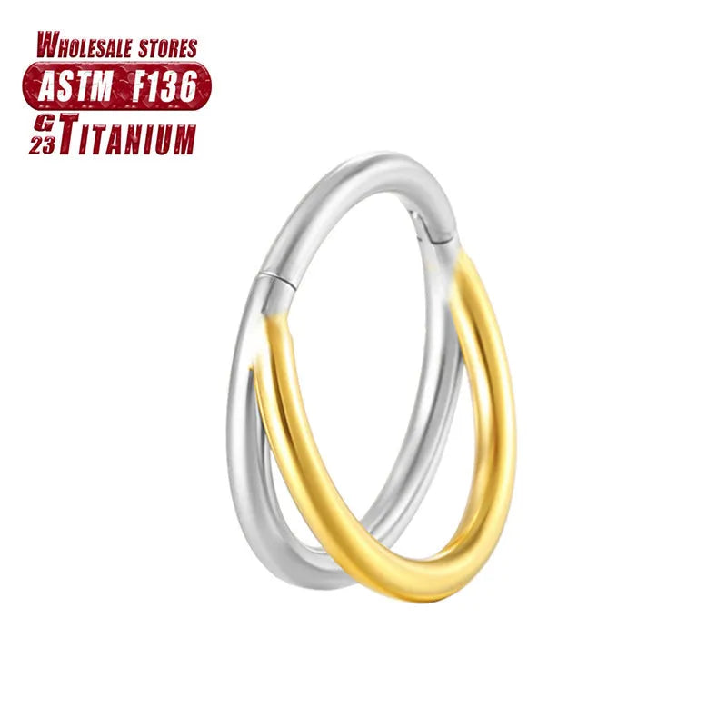 Titanium alloy L-shaped fork nose ring in silver, gold, black, rose gold and colourful finishes on a white background.
