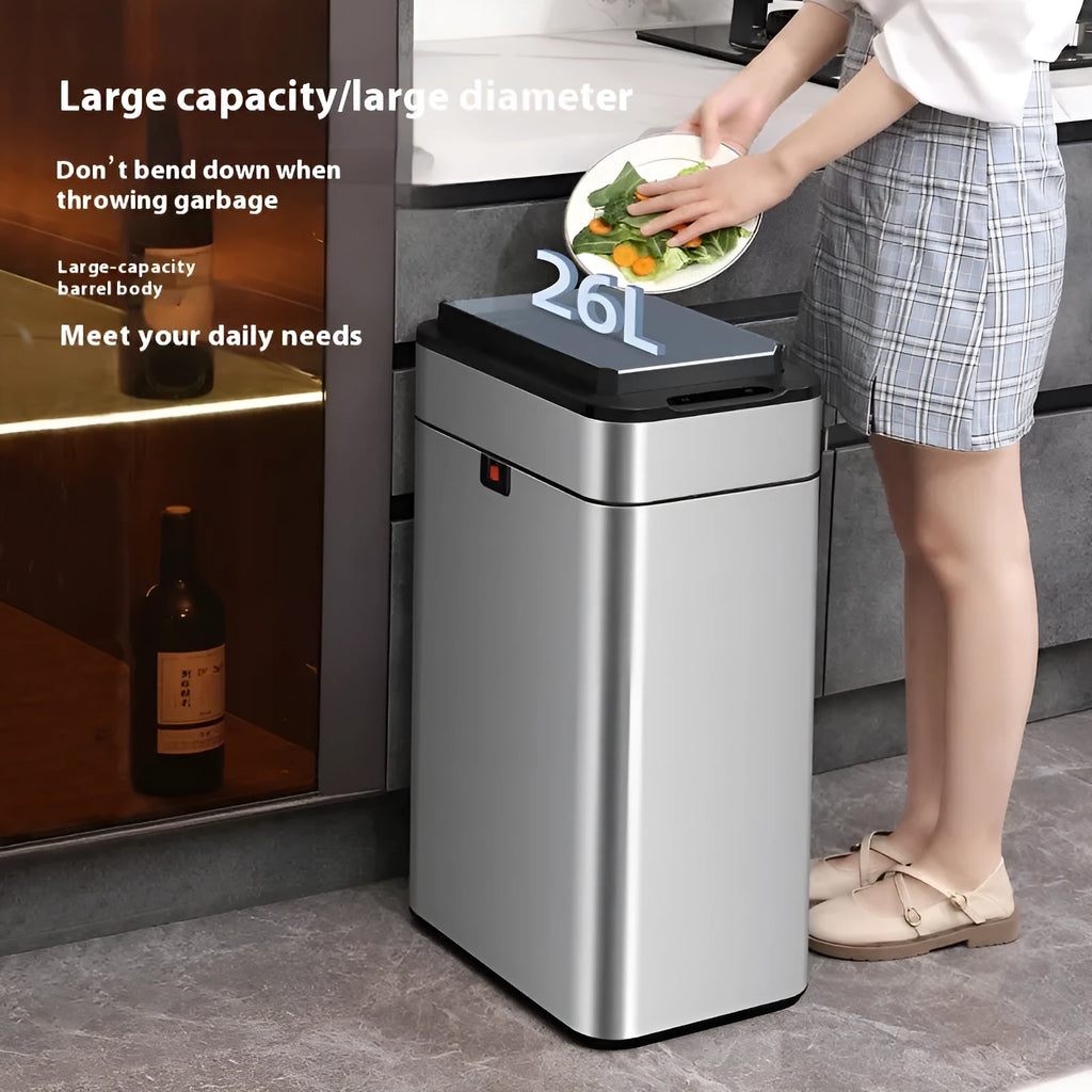 Stainless steel square automatic touchless kitchen bin with large capacity.