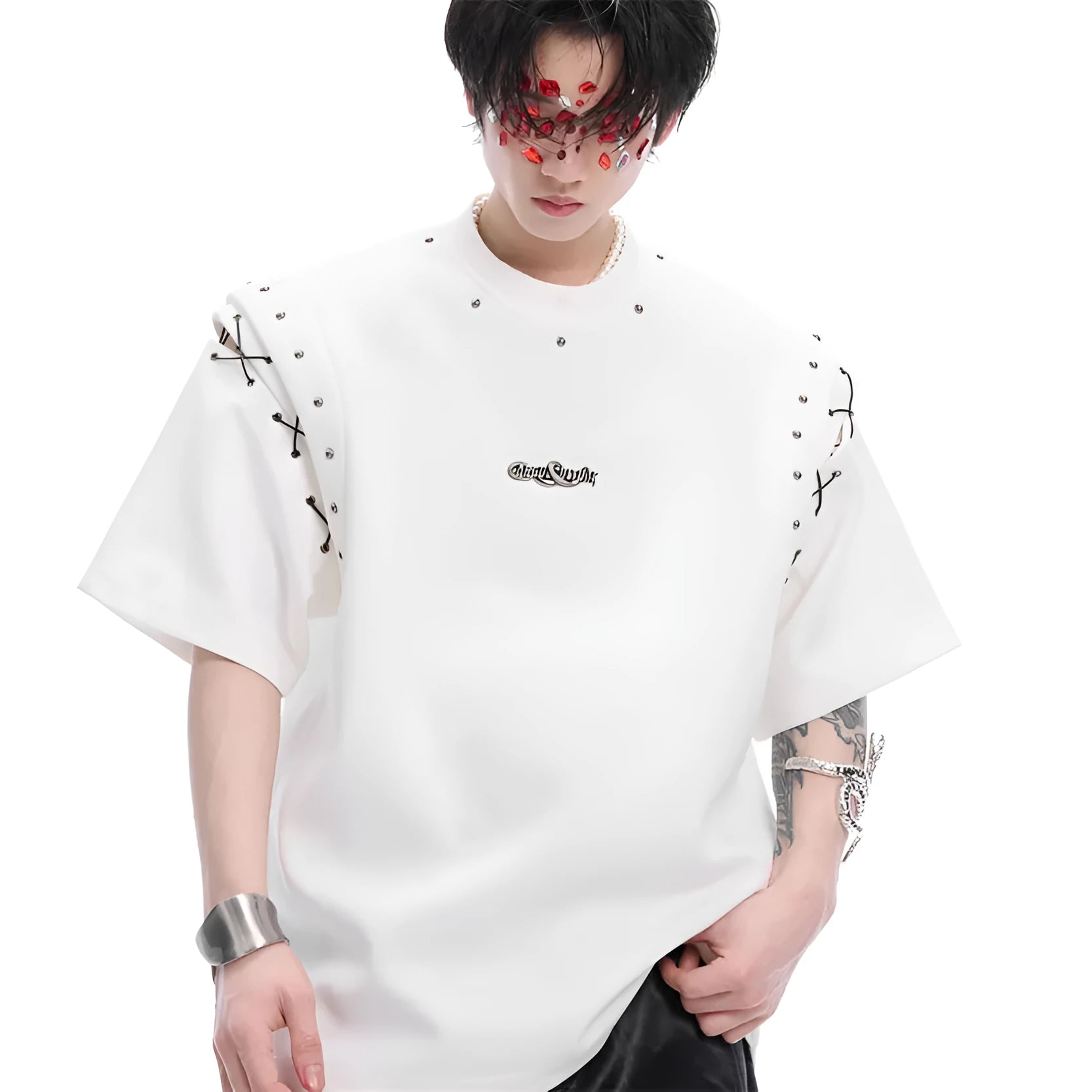 Men's black short sleeve t-shirt with lace-up cutout design detail on the front.
