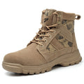 Khaki coloured high-top suede combat boots with a steel toe cap and front lace-up closure.