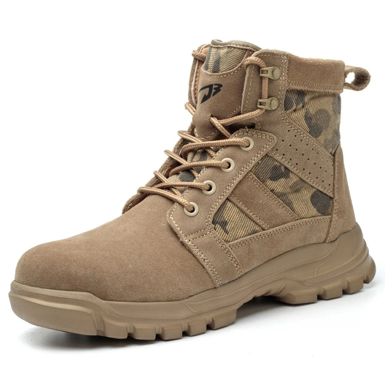 Khaki coloured high-top suede combat boots with a steel toe cap and front lace-up closure.