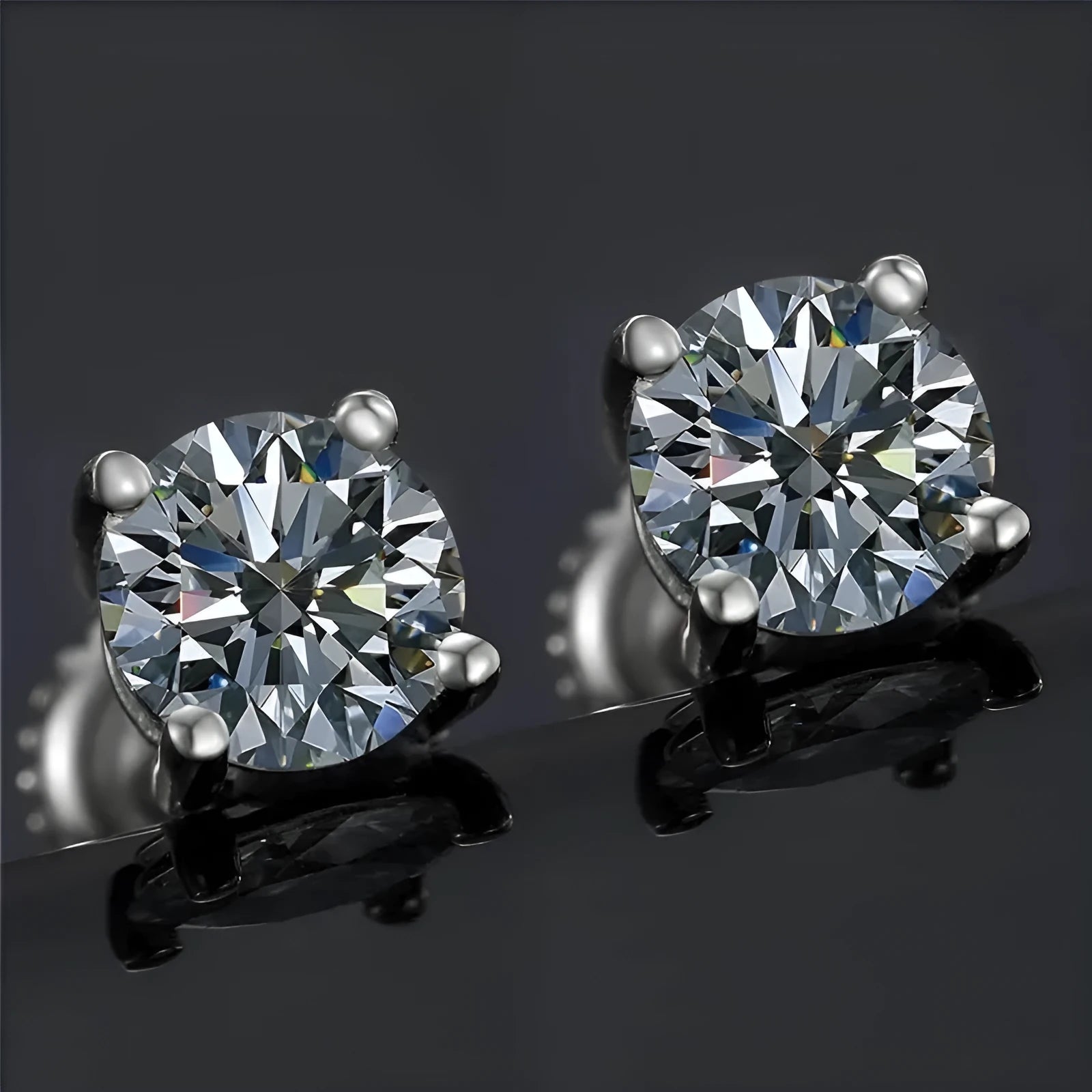 Silver electroplated moissanite screw back stud earrings with four-claw setting and geometric shape