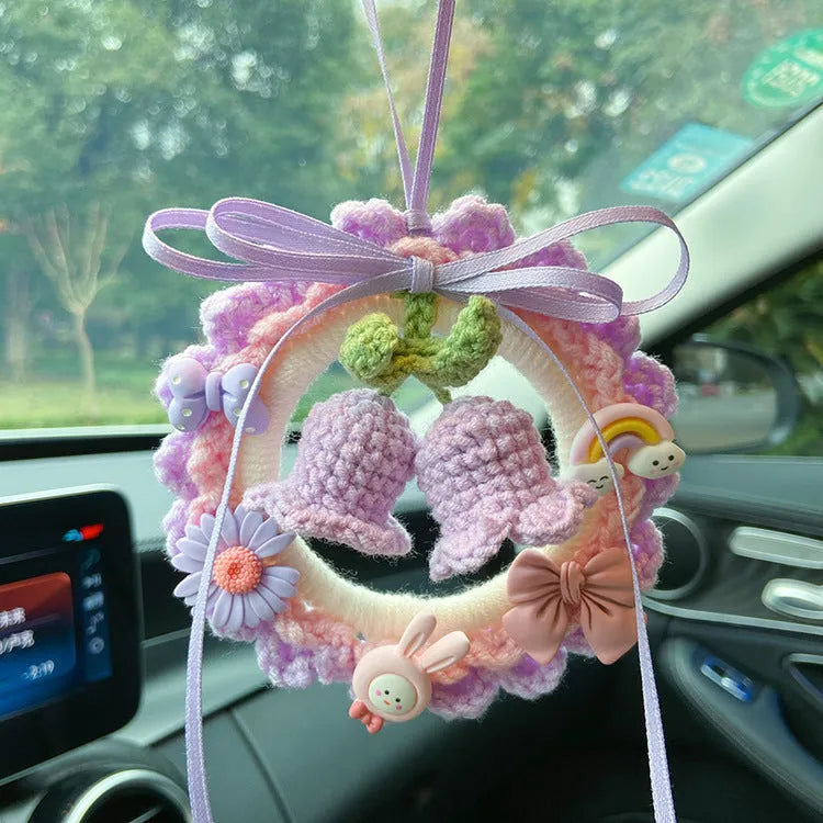 Hand-woven wool bell orchid car pendant in green, pink, purple and yellow colour options