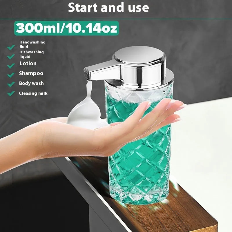 Automatic soap dispenser with silver finish and USB Type-C charging port