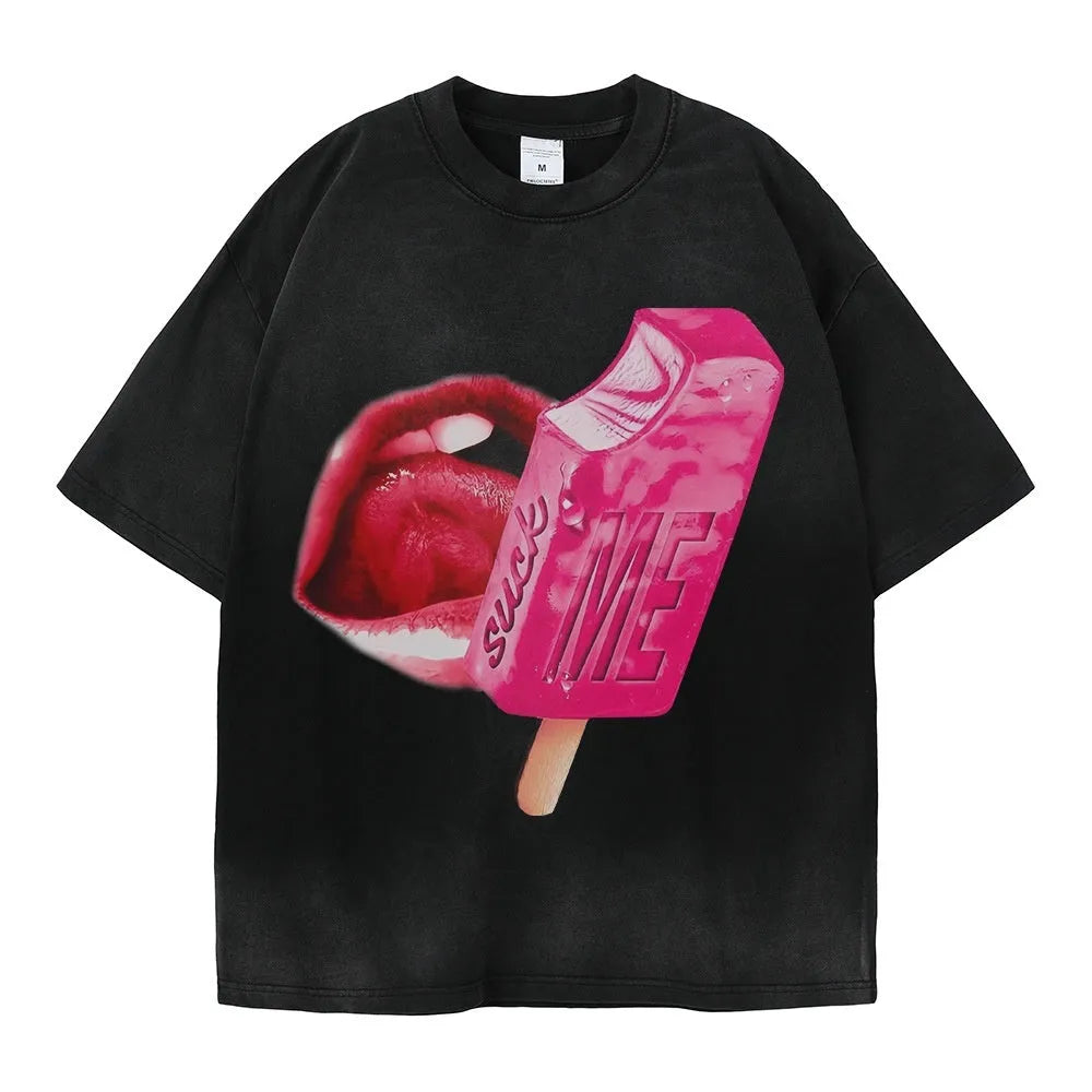 Heavy washed cotton t-shirt with cartoon print in multiple colour options