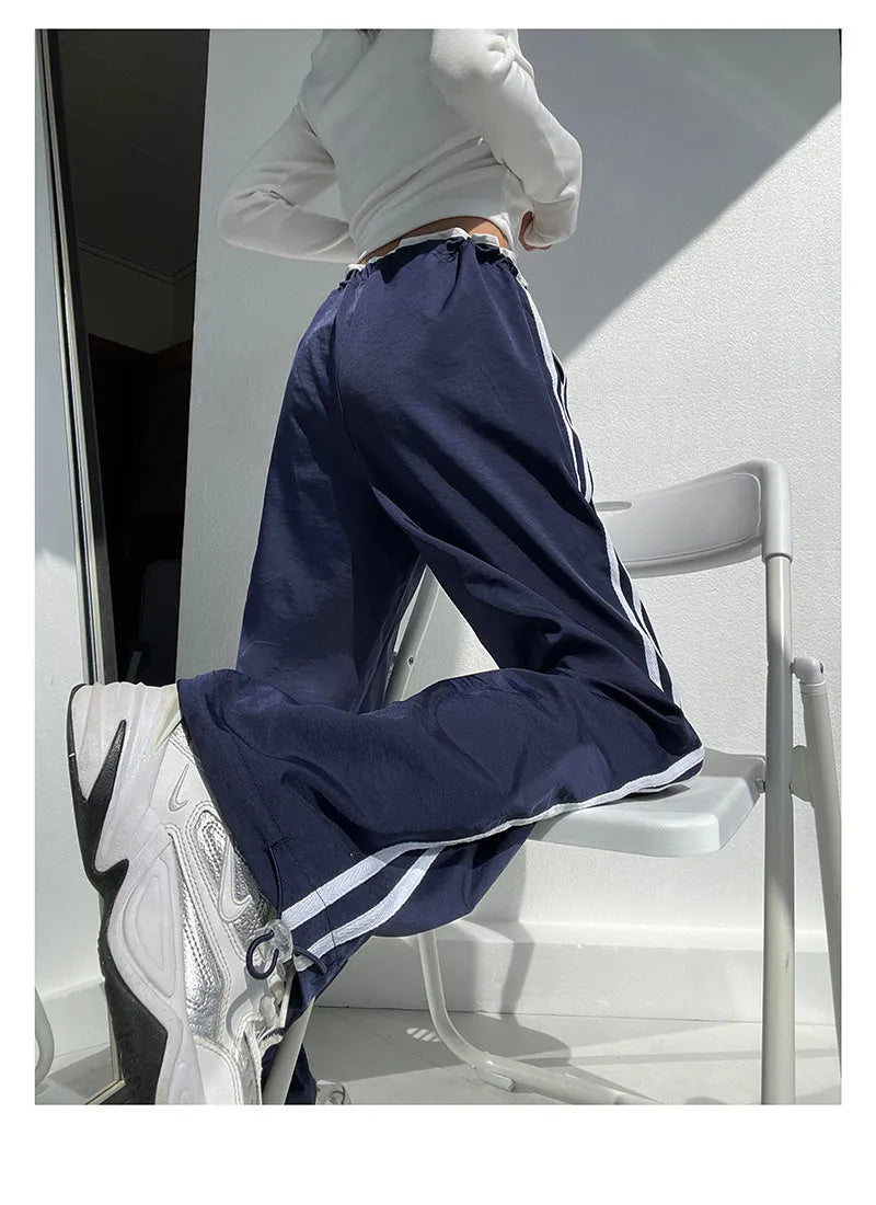 Ribbon parallel bars contrast colour loose straight slim draping trousers in thin fabric