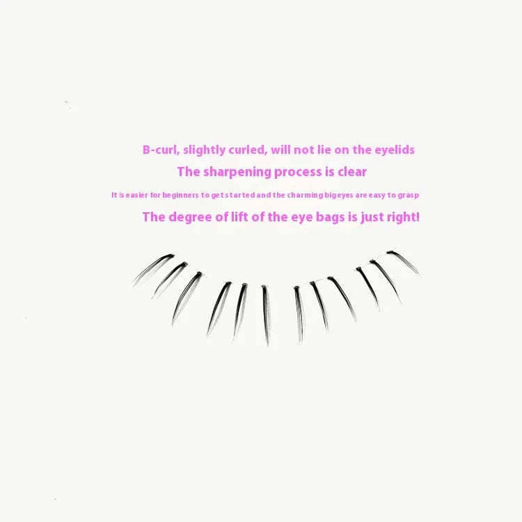 Kitten's paw design lower false eyelashes on a segmented sheer root strip, 4mm 5mm 6mm mixed lengths.