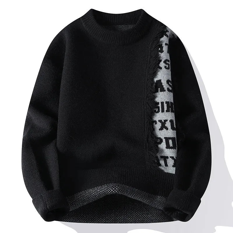 Men's loose long sleeve knitted pullover jumper in ribbed style, shown in a selection of colours.