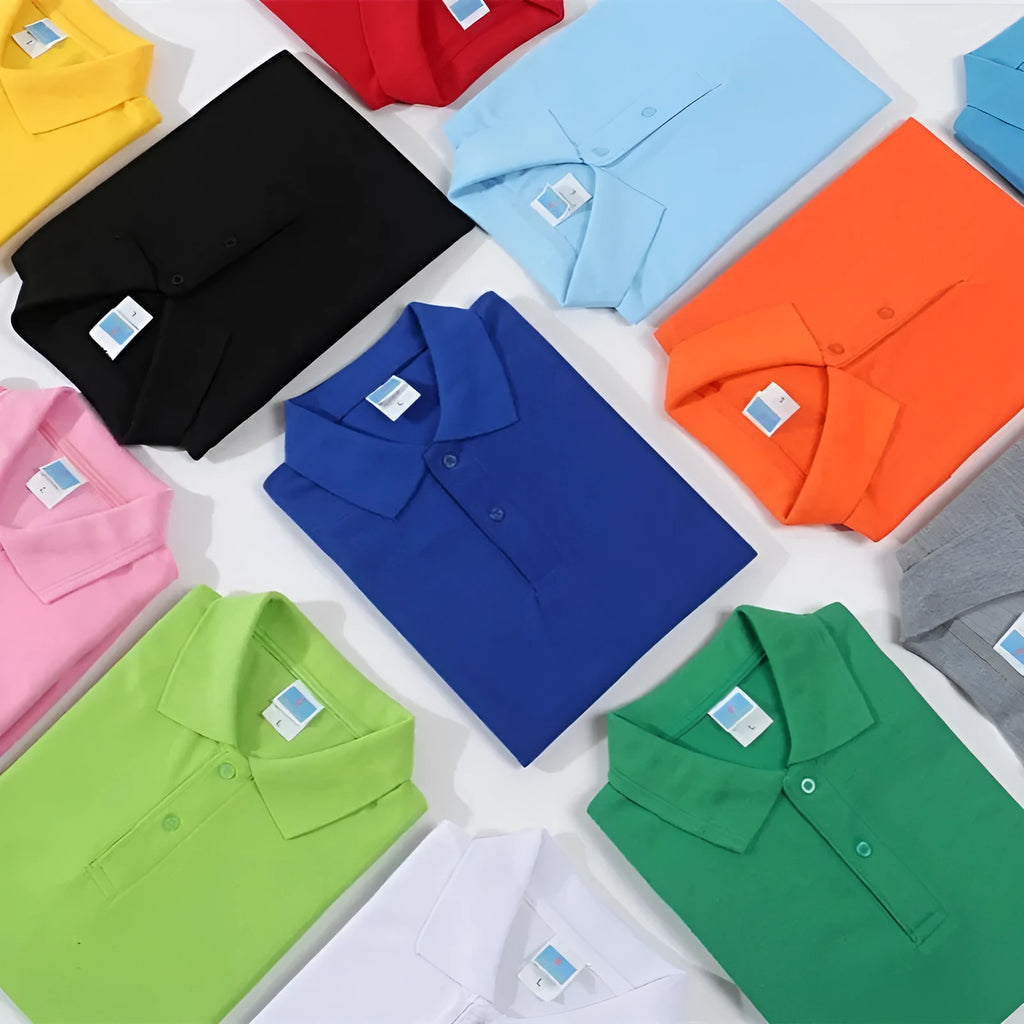Plain short-sleeved cotton work shirt on a hanger, showing straight fit and short sleeves, against a white background.