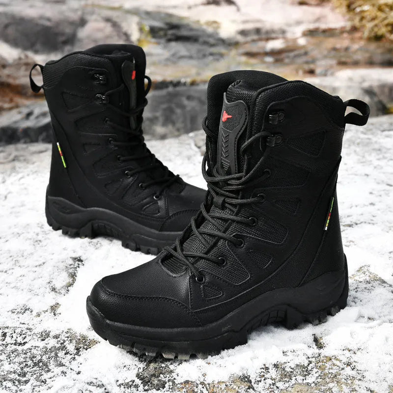 Cowhide leather hi-top hiking shoes for outdoor activities in black brown beige colours