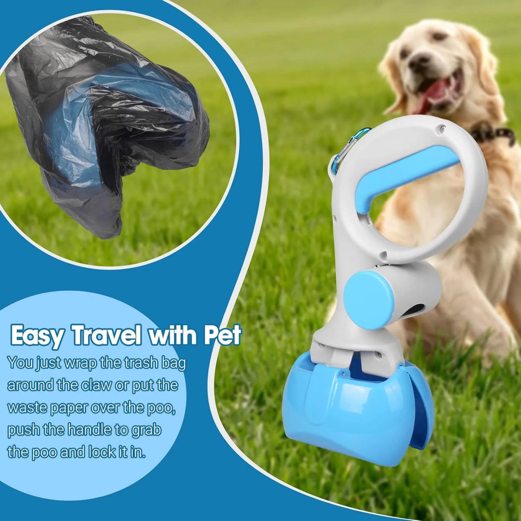 Heavy-duty ABS plastic pet pooper scooper with integrated trash bag holder in blue colour