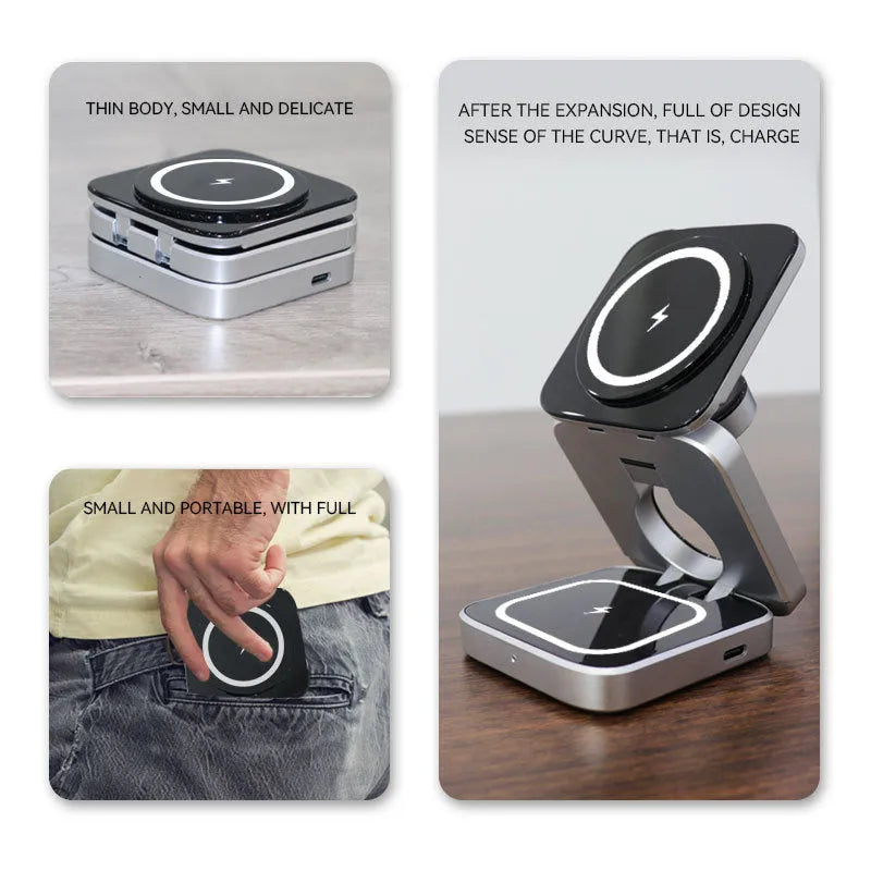 Three-in-one desktop wireless charging bracket with folding design showing Apple, Samsung and Google Pixel charging areas