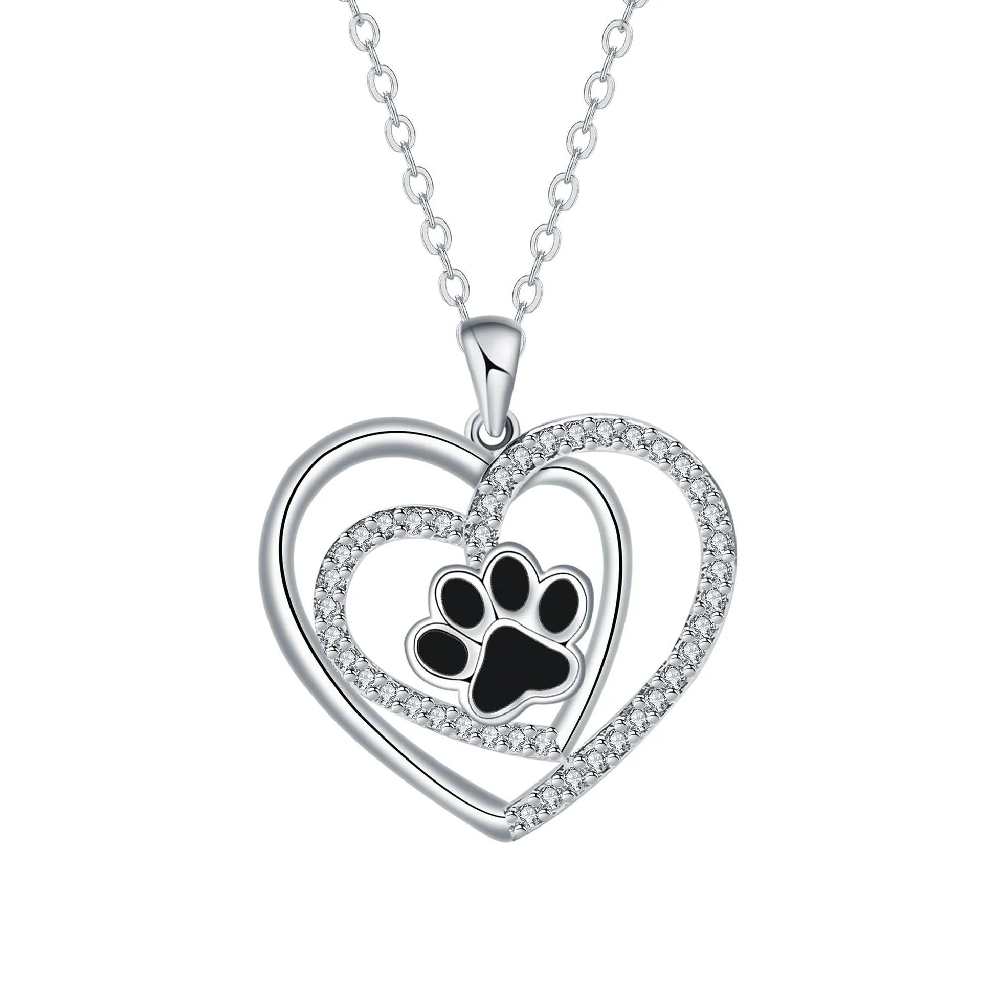 Women's dog paw necklace with heart pendant on cross chain, electroplated copper construction