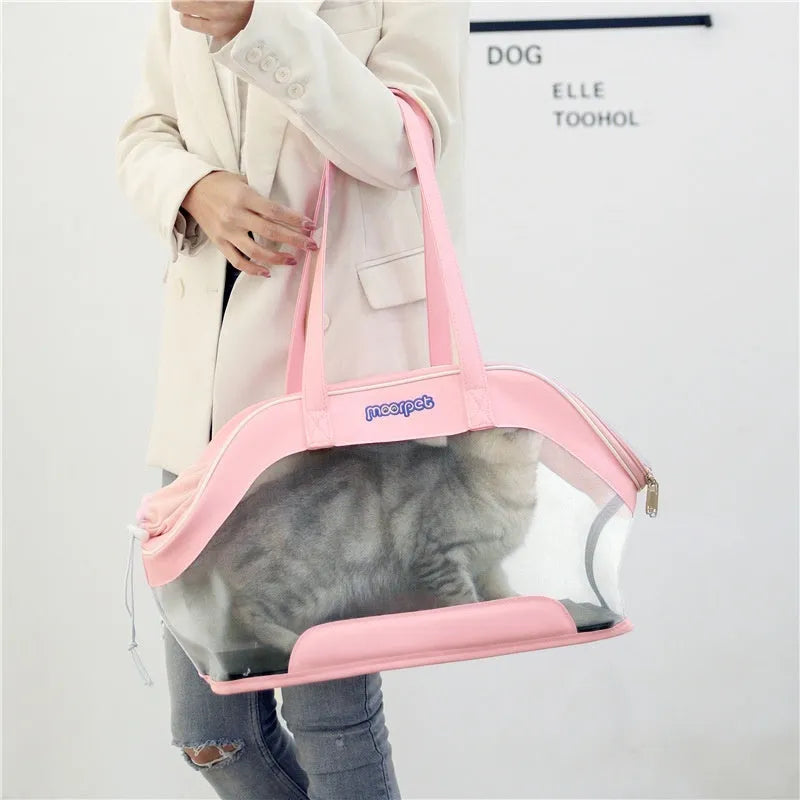Leather pet carrier bag showing 25-litre capacity and medium hardness construction