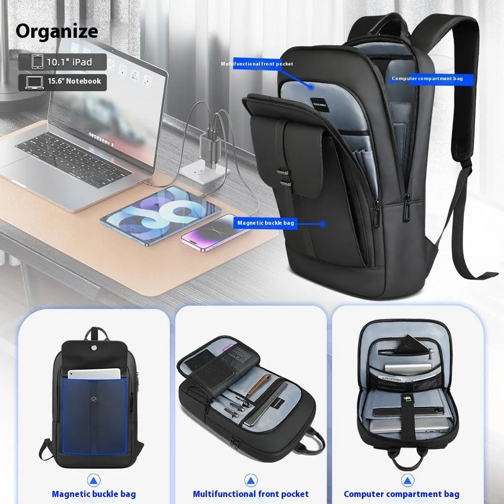 Black Oxford cloth backpack with urban simplicity style and sewing line details