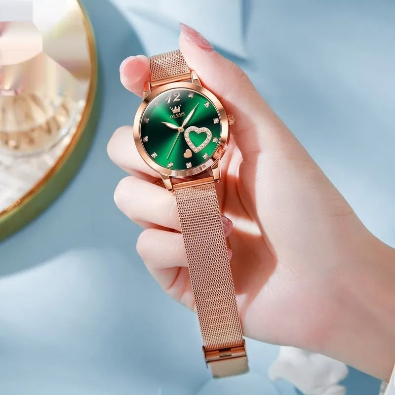 Women's fashion watch with rose shell alloy case and mesh strap in six colour variations
