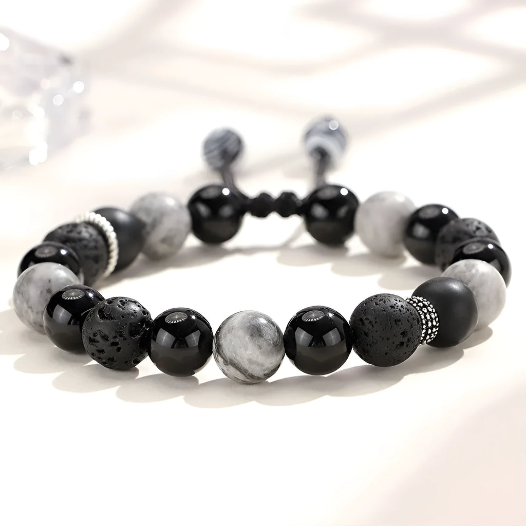 Black agate map stone diamond-shaped volcanic rock bracelet with electroplated finish.