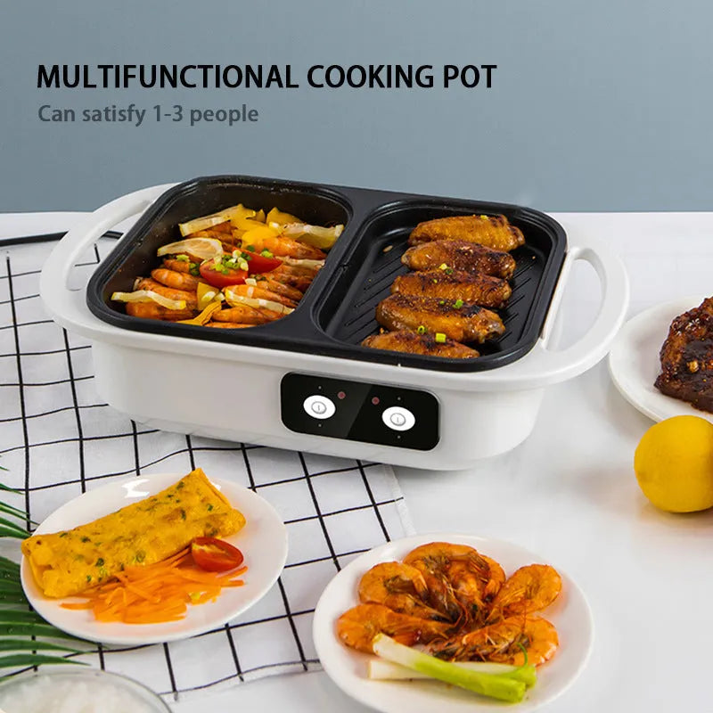 A white or green household electric hot pot appliance with mechanical controls, shown with its pot.