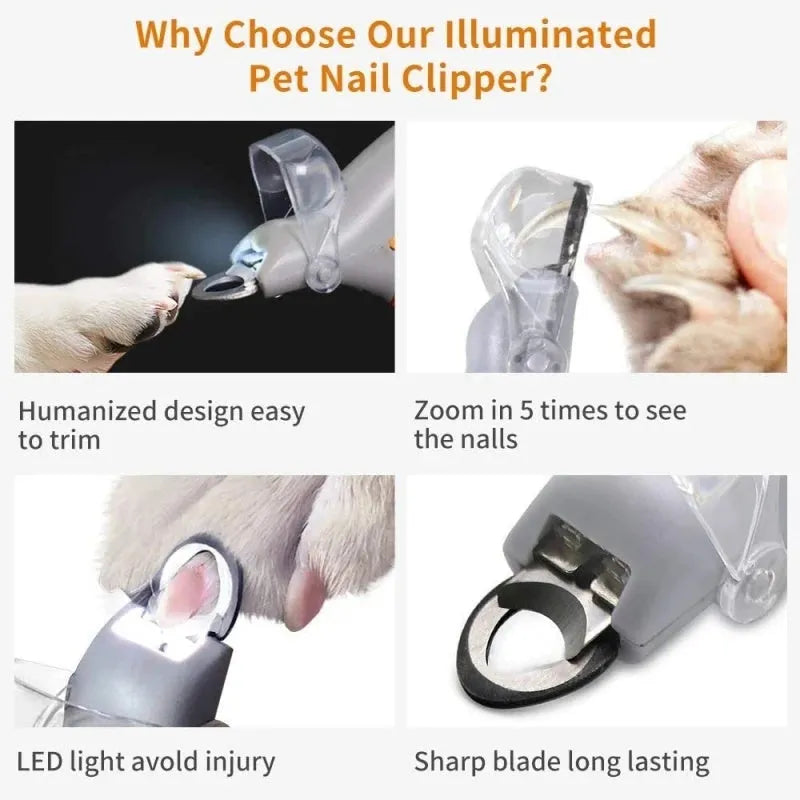 Yellow pet nail clipper with LED light and magnifier for dog and cat grooming