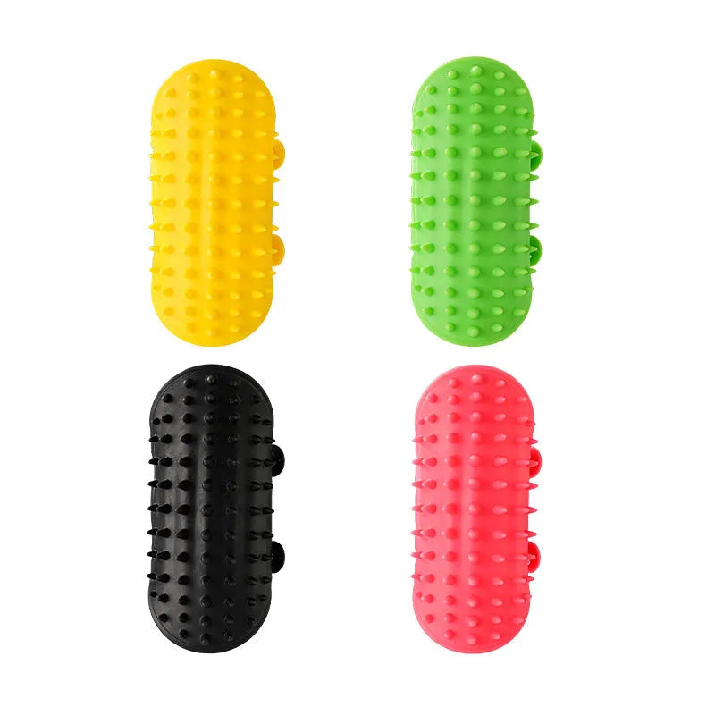 Silicone cat scratching massage comb with adjustable strap in one of four colours: black, green, pink, or yellow