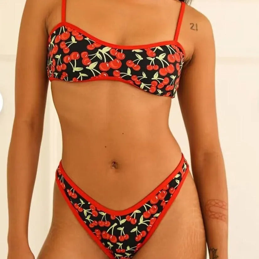Women's cherry print tube top bikini swimsuit set with briefs bottoms