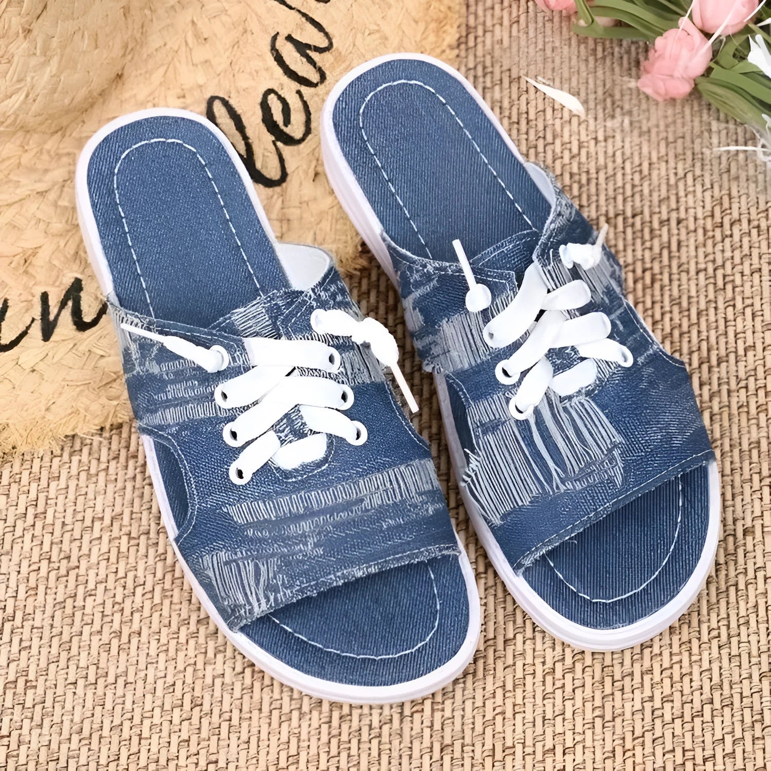 Blue Roman style women's canvas slippers with cloth upper and rubber sole