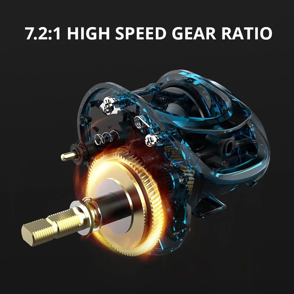 Drip wheel fishing reel with left or right hand retrieve option and included storage vessel