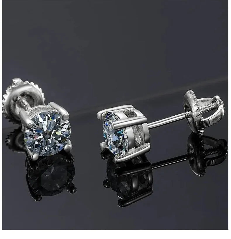 Silver electroplated moissanite screw back stud earrings with four-claw setting and geometric shape