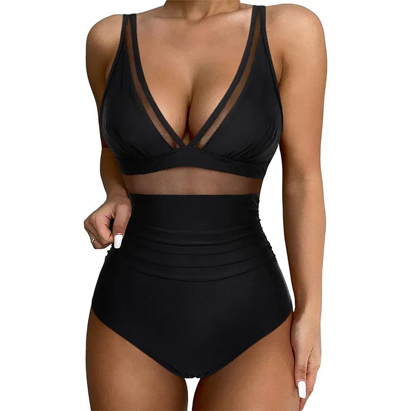 Black mesh halter one-piece swimsuit for women with briefs style